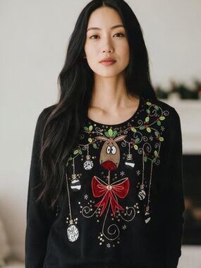 Berek Christmas Sweater Sz Small The Grinch Max Ornaments Black Embroidered
